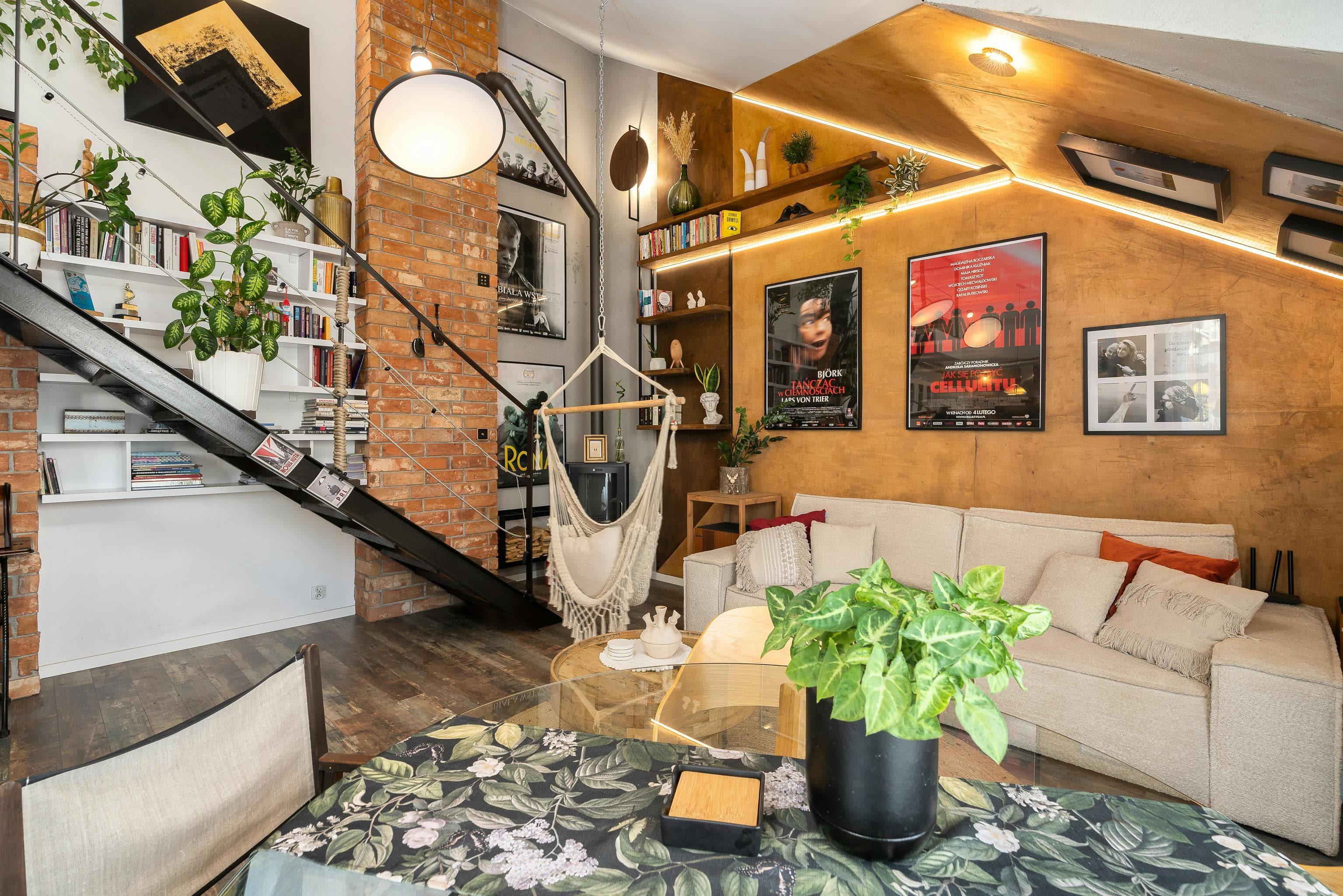Industrial loft interior with exposed timber beams