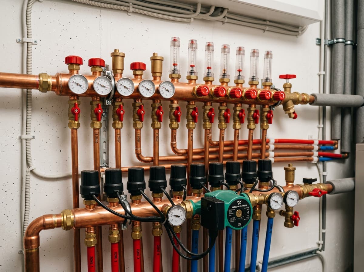 In-floor hydronic tubing — radiant manifold station
